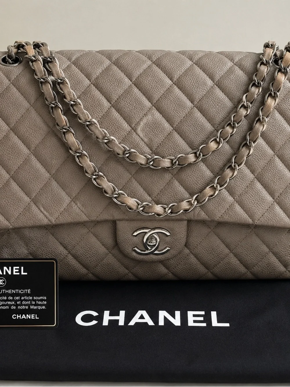 Chanel Classic Maxi Double Flap Brown Caviar Leather SHW 14 Series